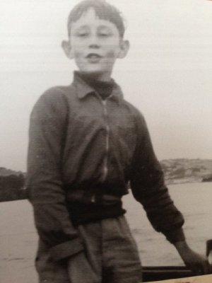 The author at the helm of a motor boat on an early holiday in Salcombe. Not  'Invention'.